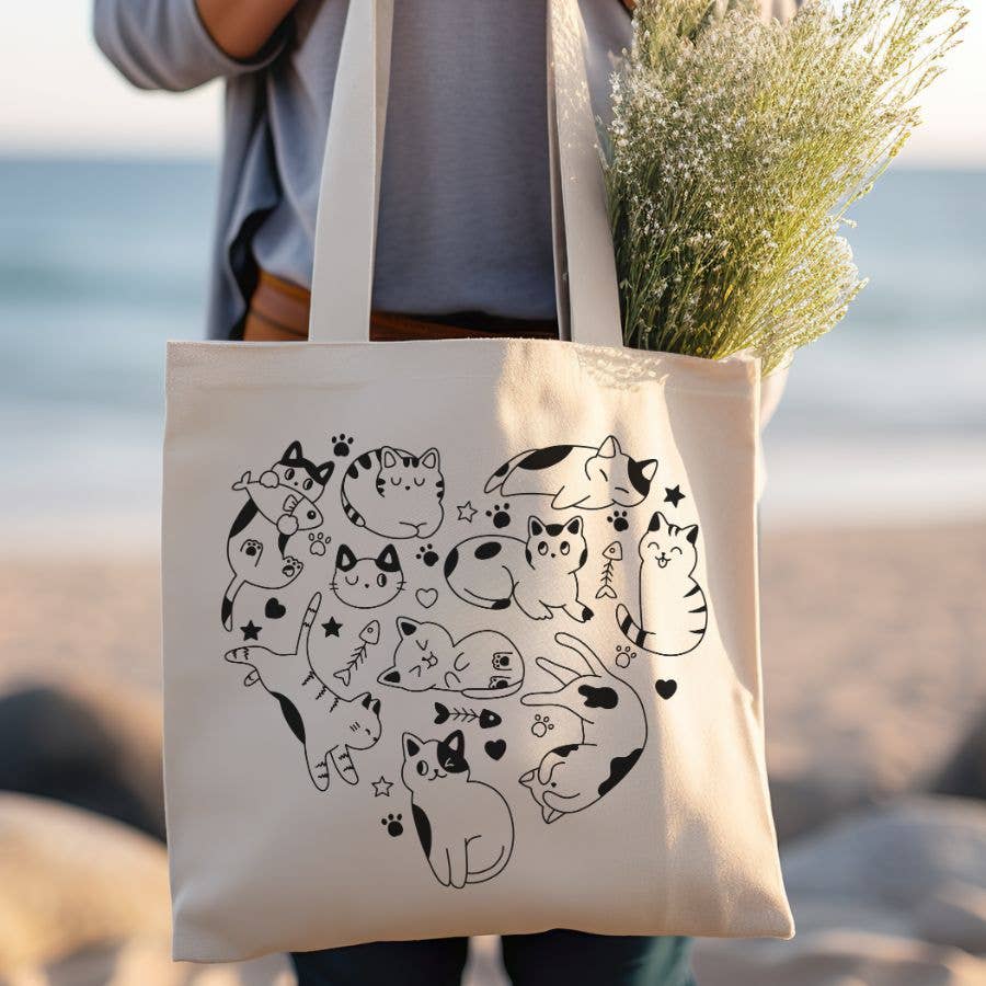 Cat Doodle Heart Canvas Tote Bag