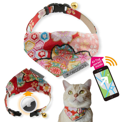Bandana Cat Collar With Air Tag Pocket (Blossoms Red)